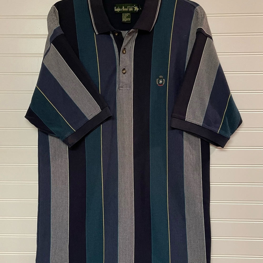 Knights Round Table Large Men's Polo Shirt Multicolor Striped Short Sleeve 1990s